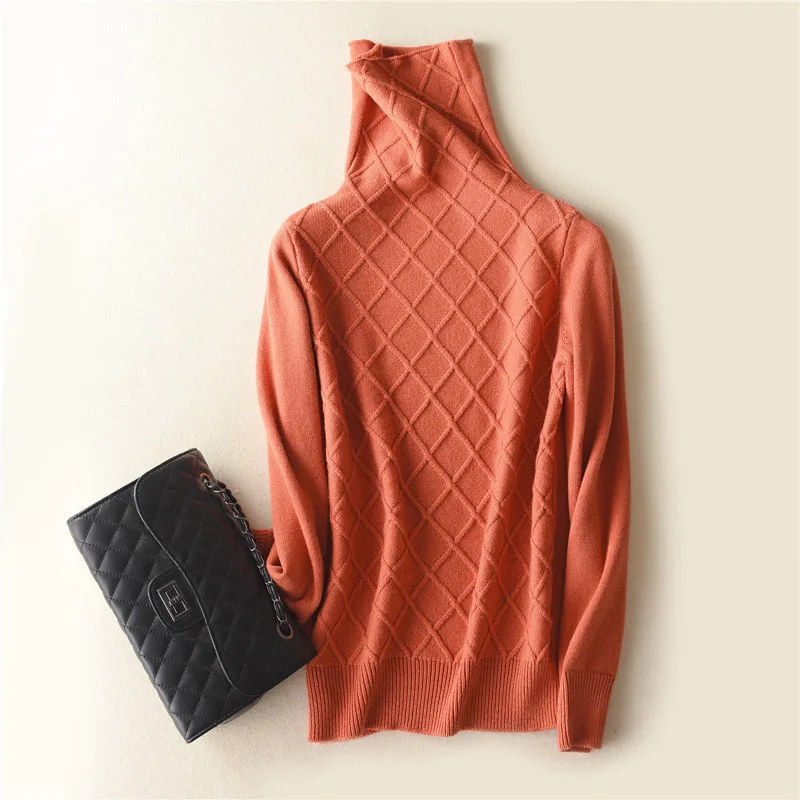 Sweater Women Autumn Winter High-End 100% Goat Cashmere Turtleneck Argyle Knitted Soft Cozy Sweaters Bottom Shirts Pulls | Женская