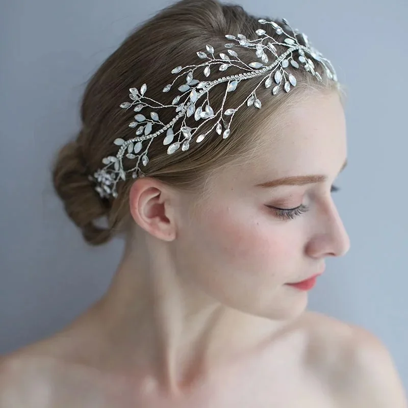 

Luxury Opal Crystal Bridal Headband Crown Antique Silver Hair Vine Wedding Headpiece Party Prom Hair Jewelry Brides Headdress