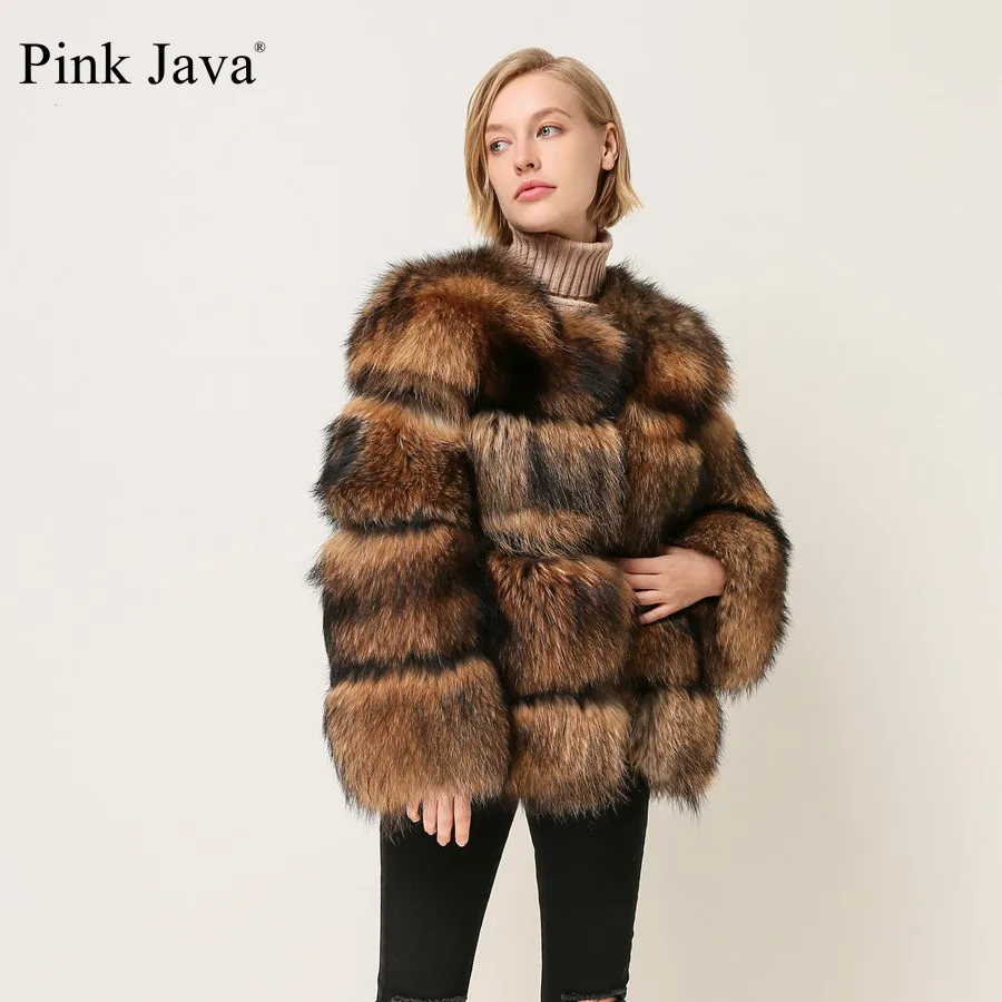 Розовое JAVA QC1874 Новое поступление женское зимнее пальто из натурального меха енота пушистое горячая распродажа меховое платье