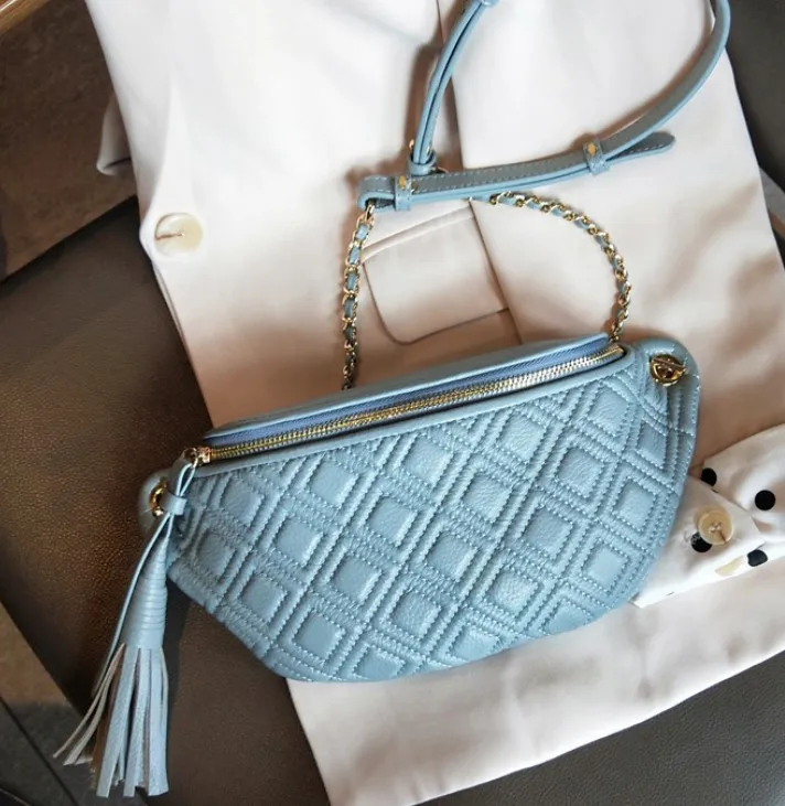 blue Fashion Tassel Waist Packs Genuine Leather Crossbody Bags For Women Chest Bag Luxury Handbags Women Bags Designer Ladies Purse - Цвет: blue
