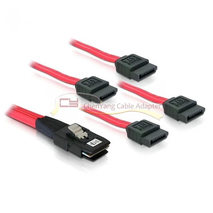 

10pcs/50cm internal Mini SAS 4i 36Pin SFF-8087 Host to 4 SATA 7pin hard disk target Fanout Raid Cable with Latch Red color