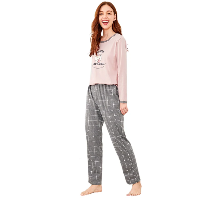 Dotfashion, мультяшный медвежонок, с буквенным принтом, клетчатый пижамный комплект для женщин, осень, одежда, повседневная, с длинным рукавом, ночная одежда для женщин, весенняя, домашняя одежда
