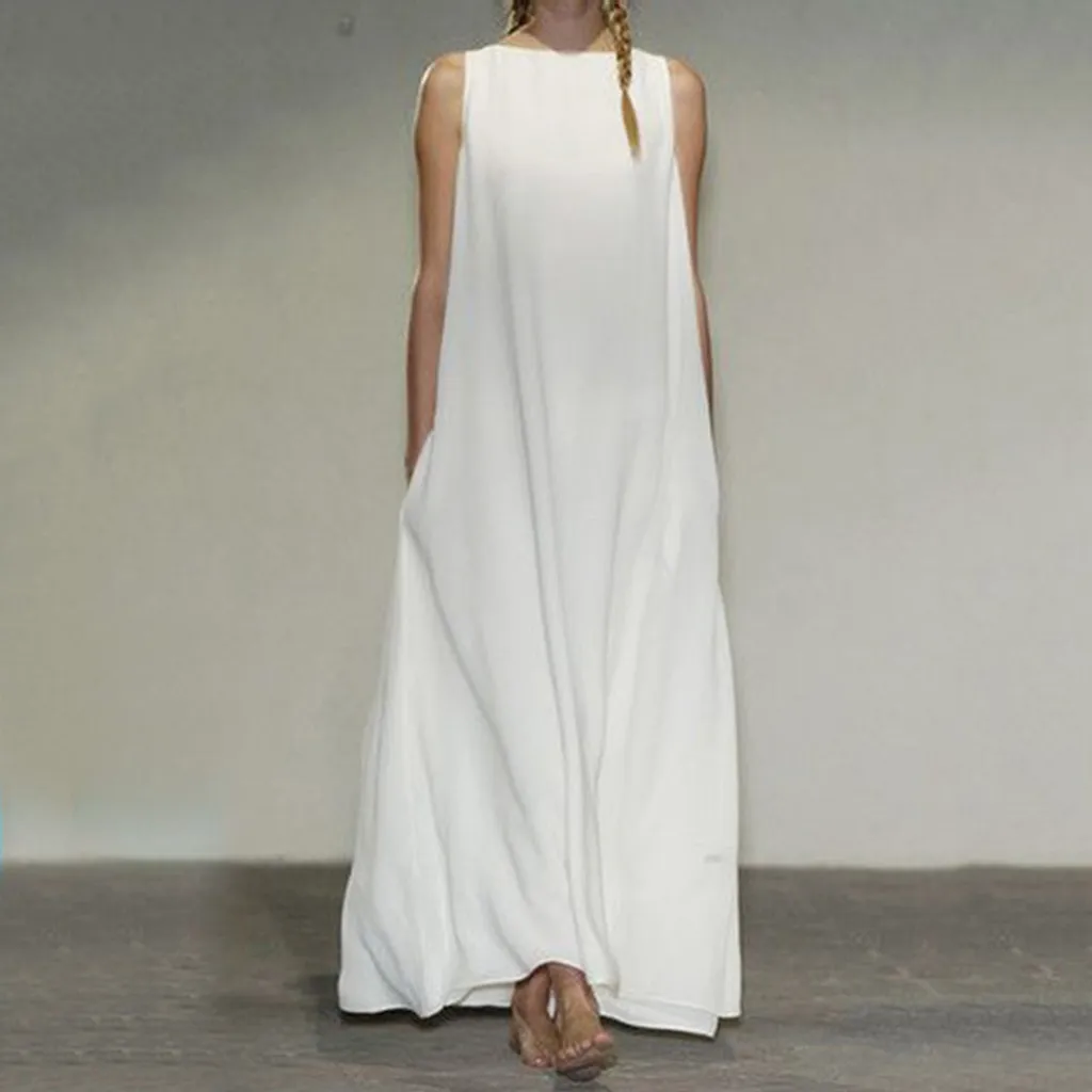 Женское платье без рукавов из хлопка и льна повседневное Свободное длинное с