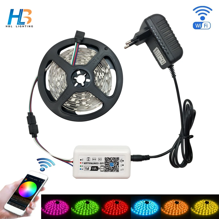 HBL Светодиодные ленты свет 5 м 2835 5050 RGB Светодиодные ленты IP20 IP65 10 м 15 м светодио дный лента не водонепроницаемый диод лента Wi-Fi светодио дный комплект контроллера