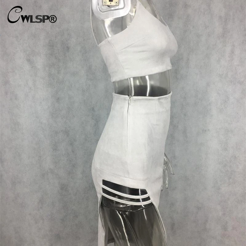 

CWLSP Sexy Women's 2 Pieces Summer Dress 2018 Fashion Spaghetti Strap Corp Top With Suede Splite Asymmetrical Elbise QZ2812