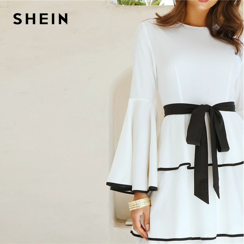 SHEIN элегантное белое контрастное многослойное платье макси с оборками и поясом для женщин, осеннее платье с оборками и расклешенной юбкой, платья с высокой талией