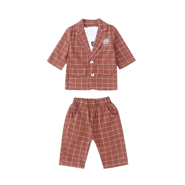 2019 New 3PCS Kids Plaid Wedding Blazer Half sleeve Suit Brand Flower Boys Formal Tuxedos School Spring Clothing Set |