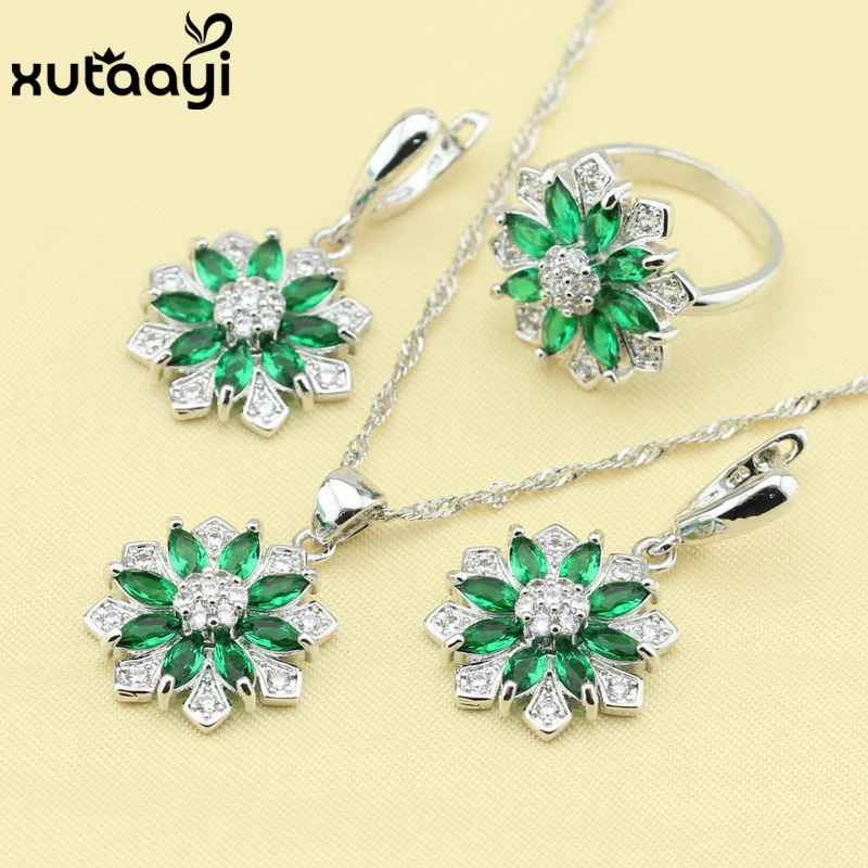Fashion Women Wonderful Jewelry Sets  Silver color Flower Green Imitated Emerald Earring Ring Necklace Pendant Free Gift Box