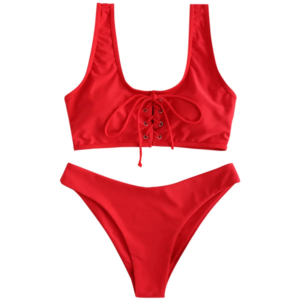 Love Red ZAFUL Кружевной Бикини Комплект Купальники Шеи Мягкий Купальник Женщины Твердые Основной Купальный Костюм Сексуальный Купальный Костюм Отжимание - Цвет: Love Red