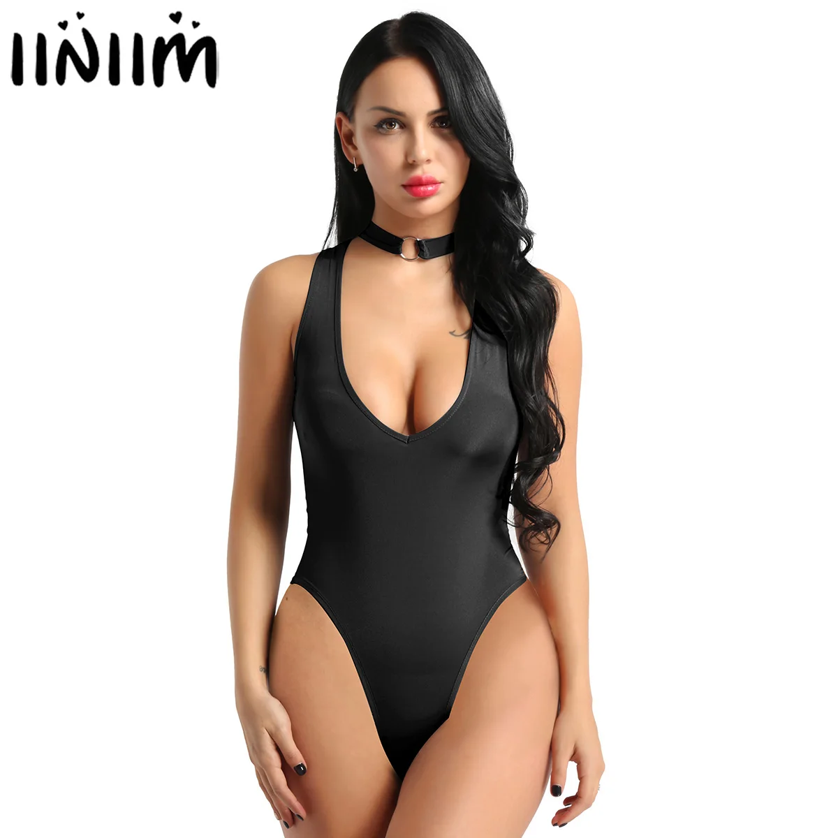 

iiniim Women Bodycon See Through Sheer Lingerie Crotchless Sexy Clubwear Necklace Collar High Cut Leotard Bodysuit Bodystocking