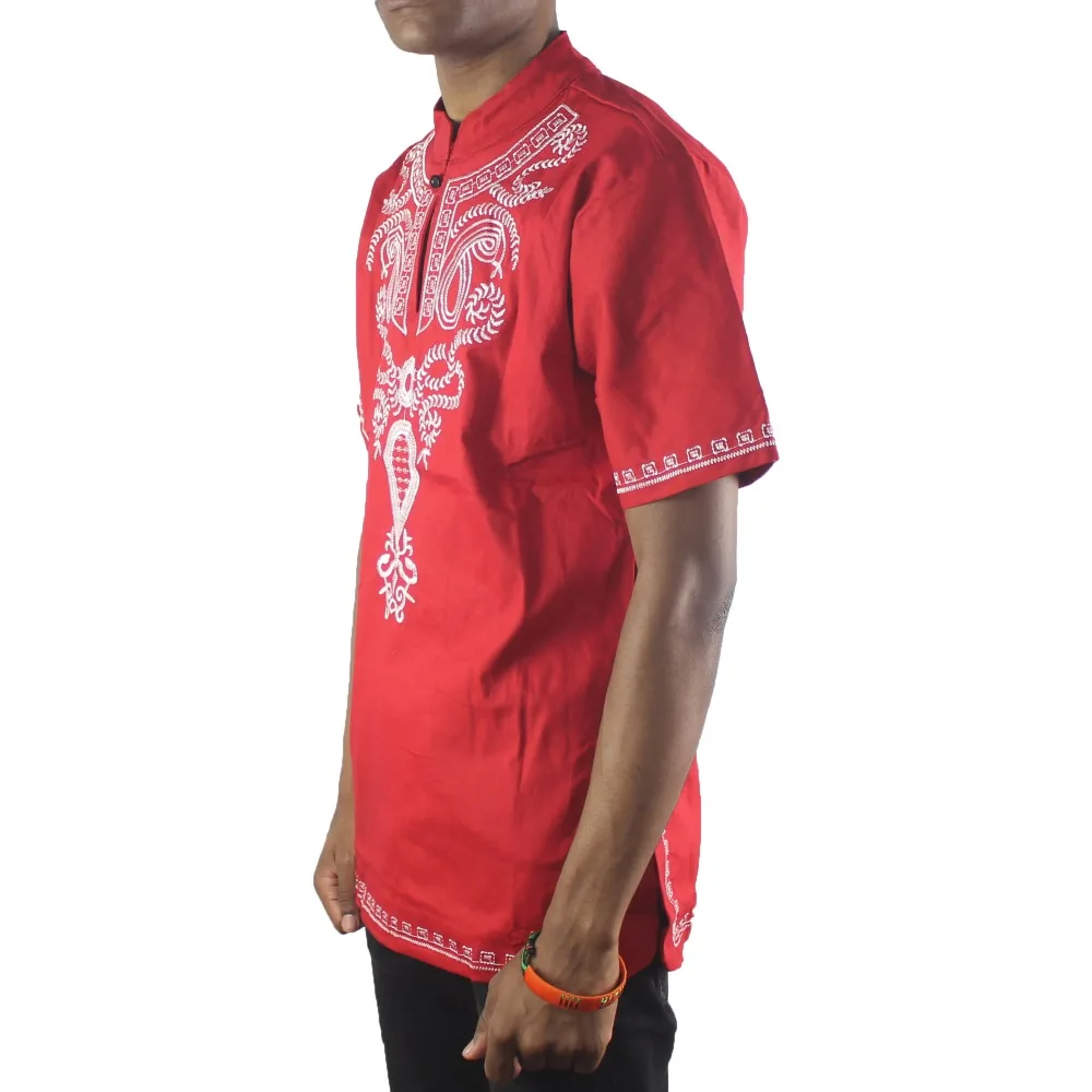 Африканские Красные Вышитые мужские Дашики топы с воротником стойкой Боковым