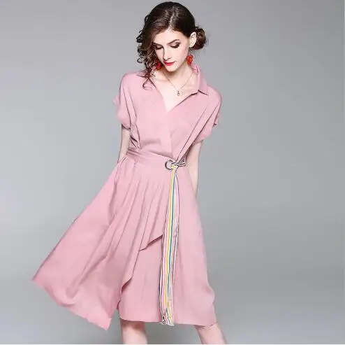 Women Dress 2018 New Summer Long Style Pleated Belt Female Outwear Fashion Casual Turn Down Collar Slim Fit Swing | Женская одежда