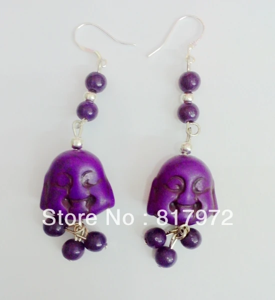 

Tibet Buddha Lucky Fashion Purple stone Bead Carved Buddha head Dangle Hook Earring Festival Gift