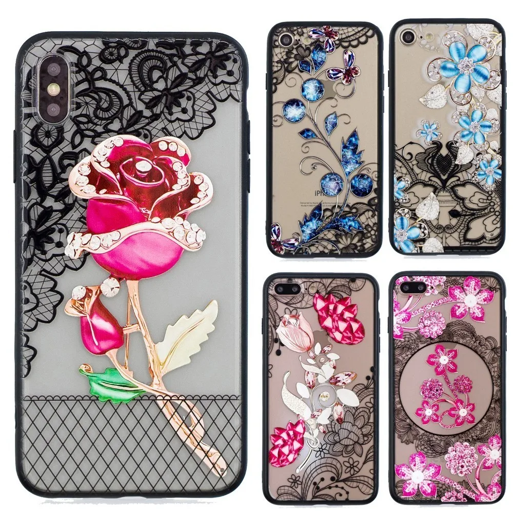 Чехол для Телефона iPhone X XS XR Max 3D Алмазная кружевная Цветочная задняя крышка чехол