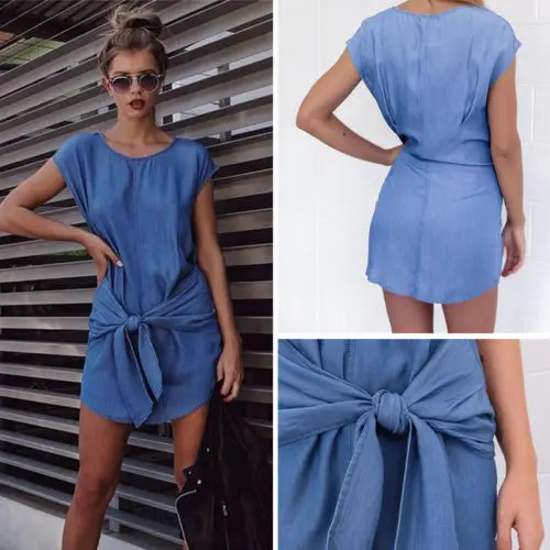 Лето о-образный вырез свободные с поясом Джинсы женское платье 2019 весна лето