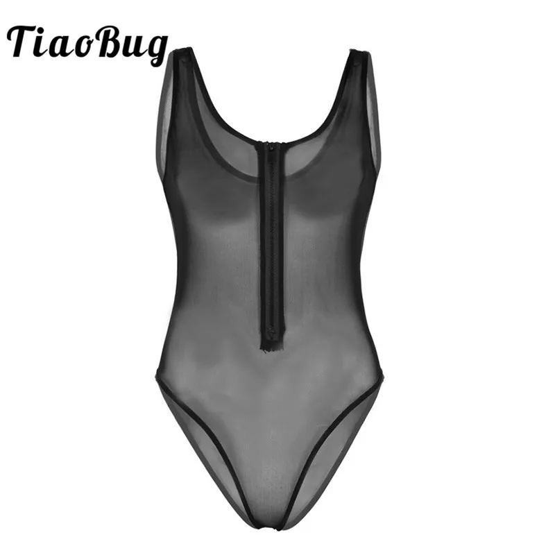 

TiaoBug Black See Through Sheer Mesh Lingerie Swimsuit Sleeveless High Cut Teddies Plus Size Women Sexy Bodysuit Underwear