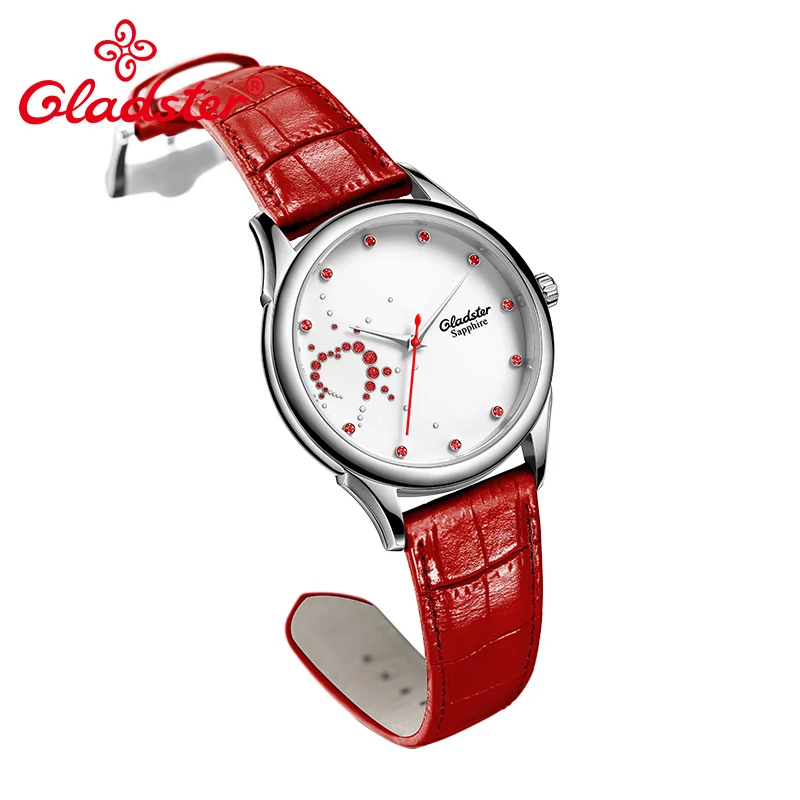 Женские наручные часы Gladster красные черные кожаные кварцевые с сапфировым