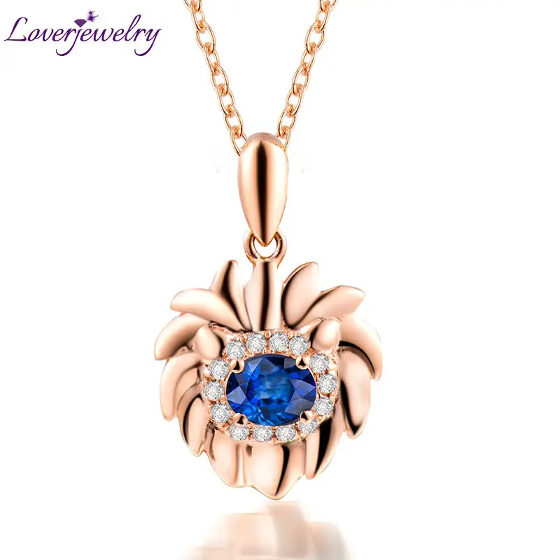 

LOVERJEWELRY Lion King Constellation Pendants Natural Bule Sapphire Leo Pendant 18K Rose Gold Natural Diamonds Women Pendant