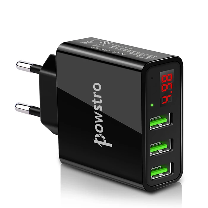 Black Настенное зарядное устройство Powstro 5V 3A 3 USB с ЖК-дисплеем, интеллектуальный цифровой дисплей, универсальный адаптер для путешествий с европейской вилкой, напряжение тока для мобильного телефона - Тип штекера: Black