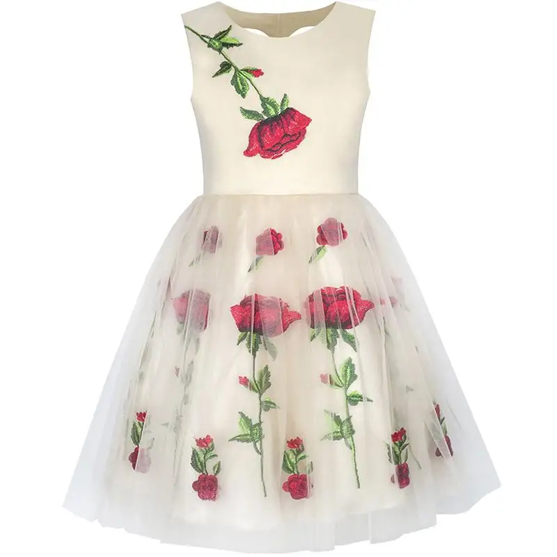 Sunny Fashion платья для девочек платье Дети шампанское Роза Цветок Вышивка Сердце