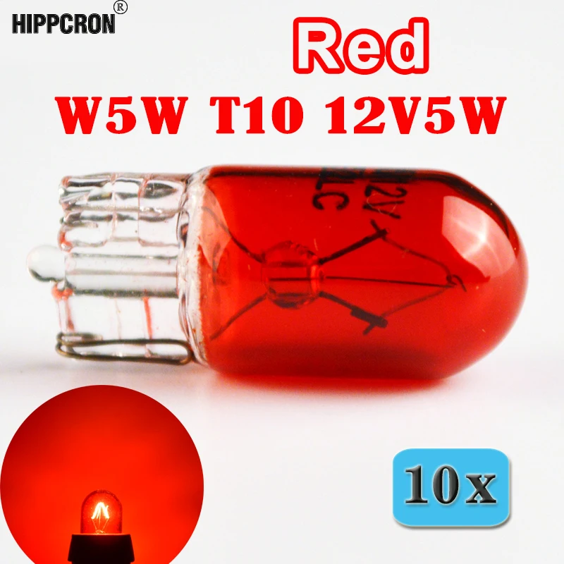 Hippcron 10 x Red T10 W5W 501 194 стеклянная автомобильная лампа 12V5W Автомобильная миниатюрная