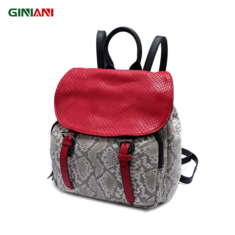 

GINIANI Genuine Leather Red Cover Front Solid Pocket Serpentine Small Cutie Girls' Schoolbag Young Ladies Leather Strap Backpack