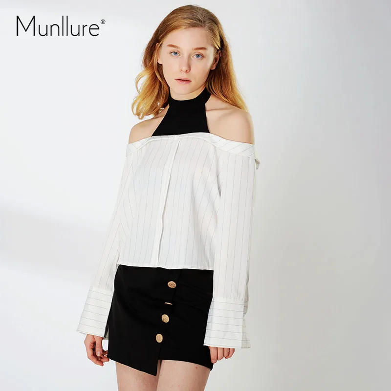 Женская блузка с длинным рукавом Munllure шифоновая открытыми плечами весна осень