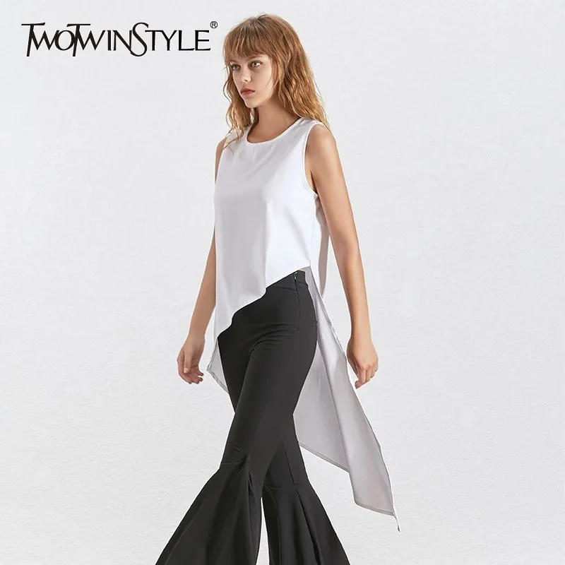Женская шифоновая блузка TWOTWINSTYLE Летняя асимметричная однотонная с круглым