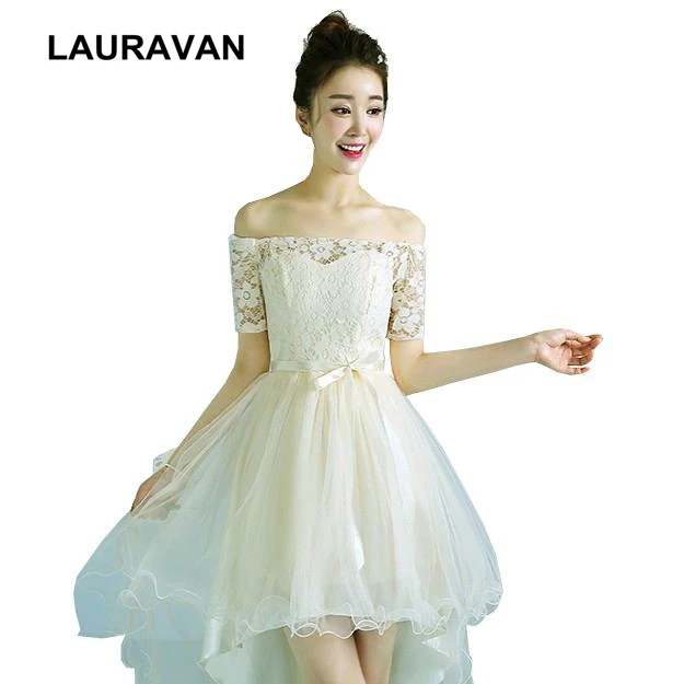 country style champagne high low off shoulder sleeved homecoming dresses new arrival short tulle dress at front long back | Свадьбы и