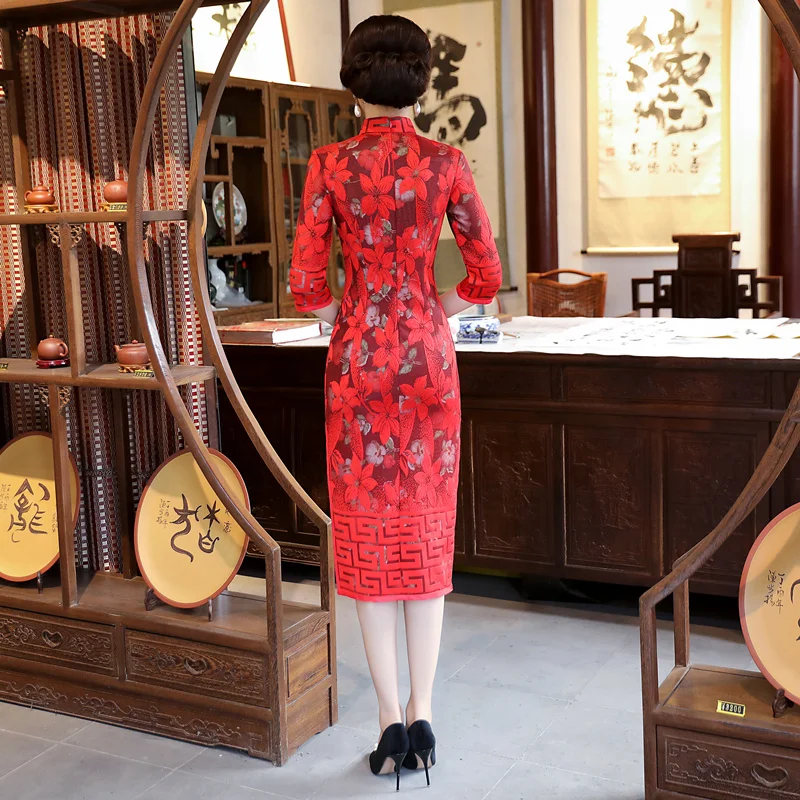

Short Style Women's Knee Leng Cheongsam Traditional Chinese Lace Qipao Dress New Arrival Vestido Size S M L XL XXL XXXL 27523A