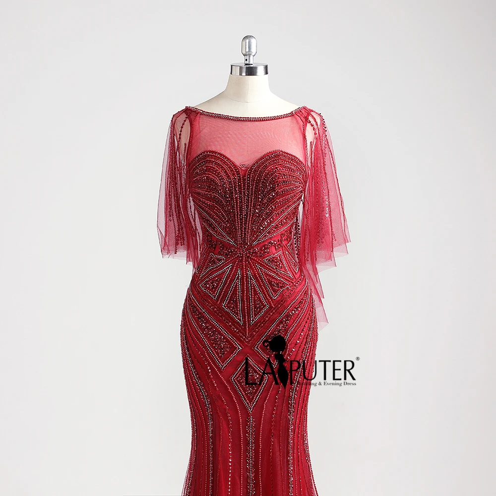 Laiputer 2018 Burgundy Stretch Sexy Mermaid Heavy Beading Luxury Formal Long Elegant Evening Prom Dresses With Shawl | Свадьбы и