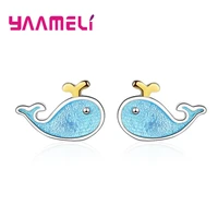 hot selling cute little blue whale stud earrings for women girl gifts luxury 925 sterling silver symmetry enamel crafts jewelry