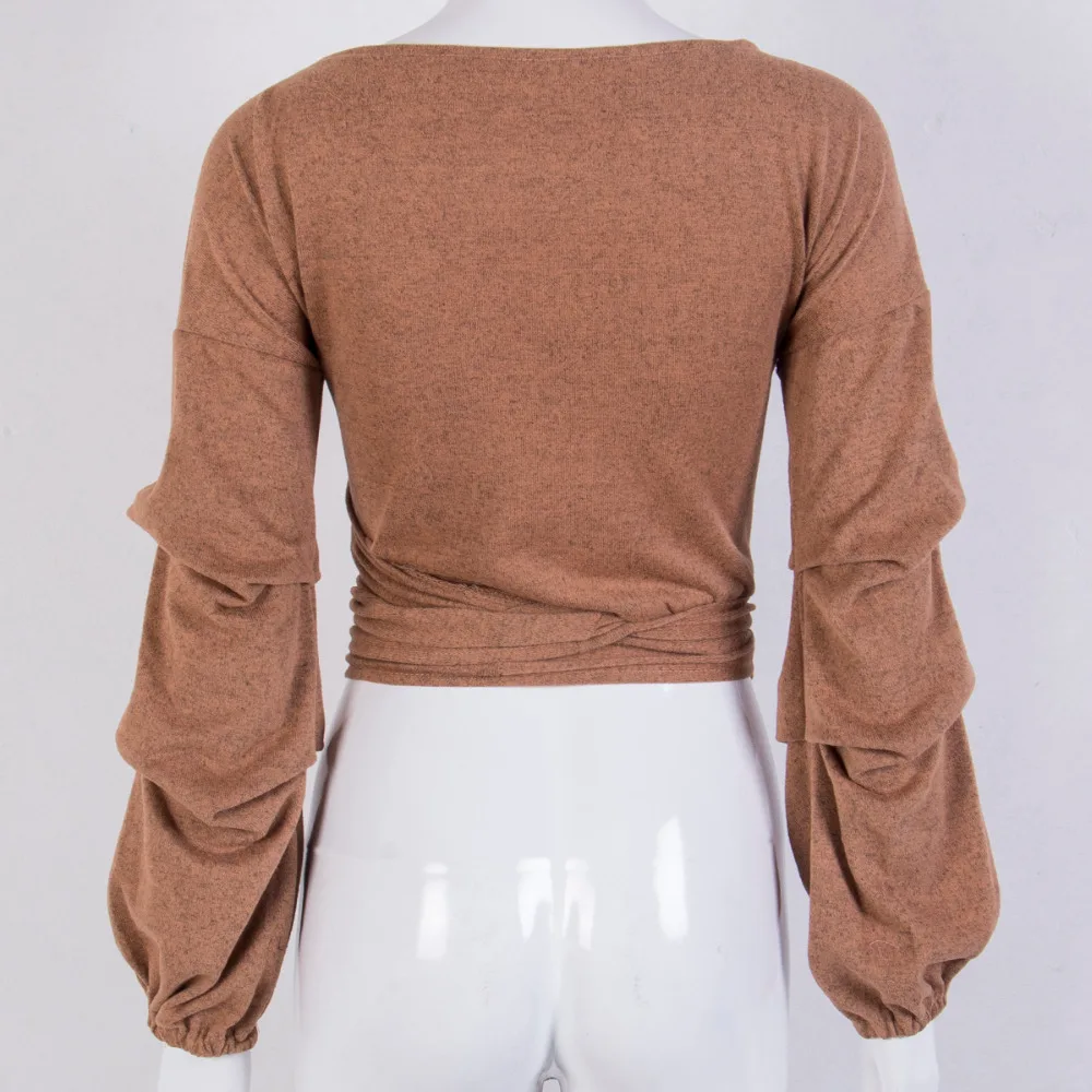V Neck Sweaters Women Knitted Jumper Sweater Top Pullover Short Knitwear V-neck Cropped Tops Bandage Puff Sleeve Shirt | Женская одежда