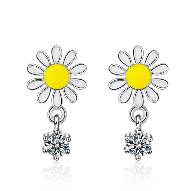 

New Fashion Women 925 Silver Clear Zircon White Enamel Sunflower Stud Earring For Girl Female Simple Party Earring Jewelry ED705