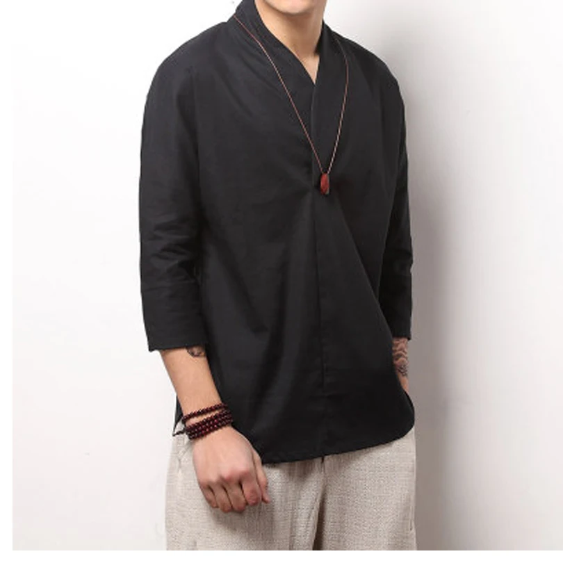 

Chinese Style Vintage Men's Cotton Linen T-shirts V-neck Seven-point Sleeve Linen Clothing Tshirt Black Linen Shirts Men Casual