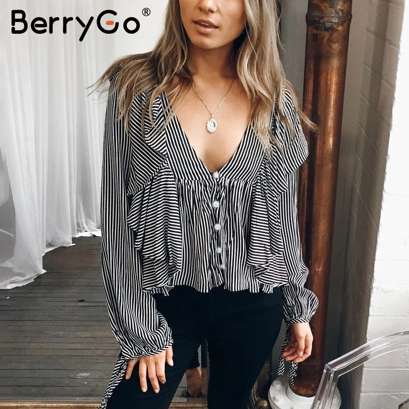 BerryGo V шеи Полосатый рябить блузка рубашка Женщины шифон с длинным рукавом Топ