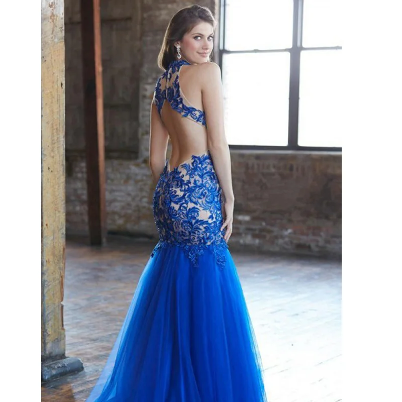 Royal Blue Спинки Высокая Шея Кружева Тюль Труба Русалка Eveing Платье Сшитое Пром