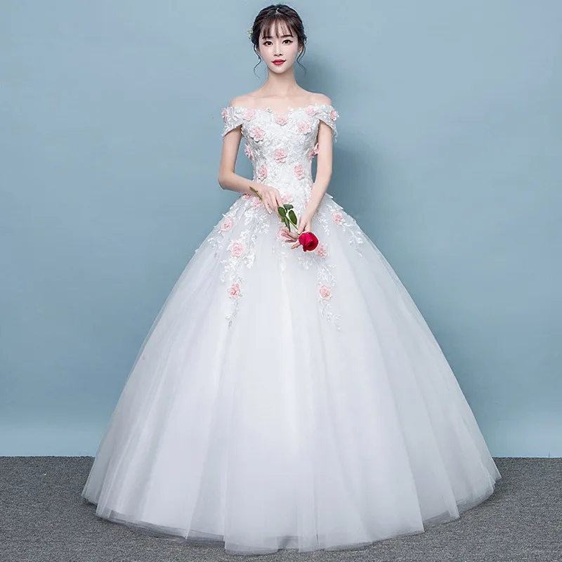 white Floor Length Белое Бальное платье принцессы, свадебное платье, с вырезом лодочкой, розовое, 3D, Цветочная аппликация, кружевное, для сада, торжественное свадебное платье, большие размеры - Цвет: white Floor Length