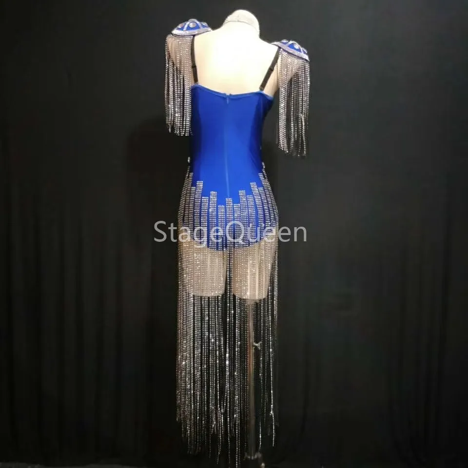 Shining 4 Colors Crystals Epaulet Leotard Sexy Dance Sparkly Tassel Outfit Celebrate Bodysuit Costume Stage Singer Dance Wear