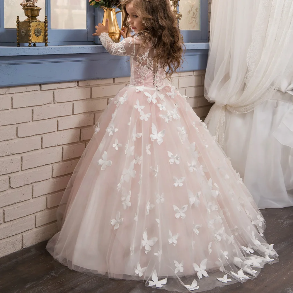 custom made bow flower laces full sleeve girl ball gown dress | Детская одежда и обувь