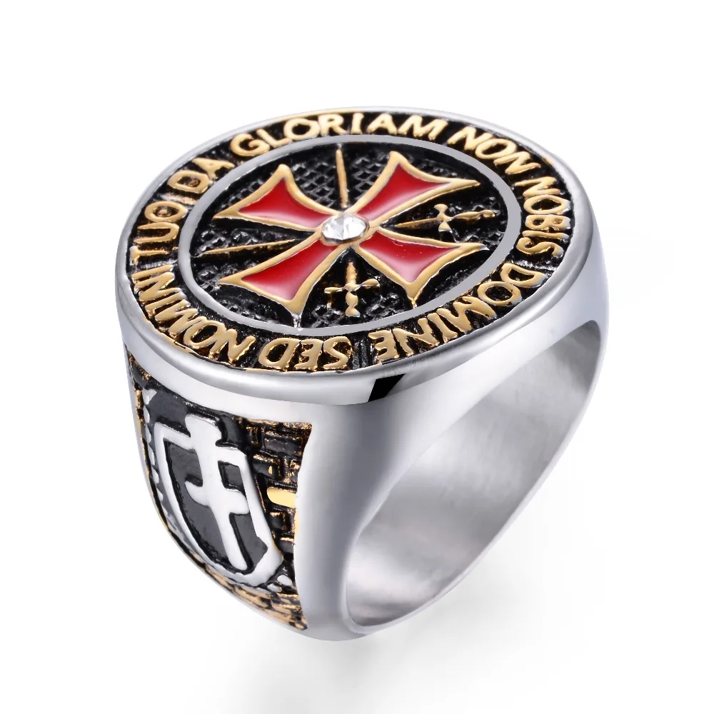Мужское кольцо из нержавеющей стали с красным крестом и фианитом|templar cross ring|cross