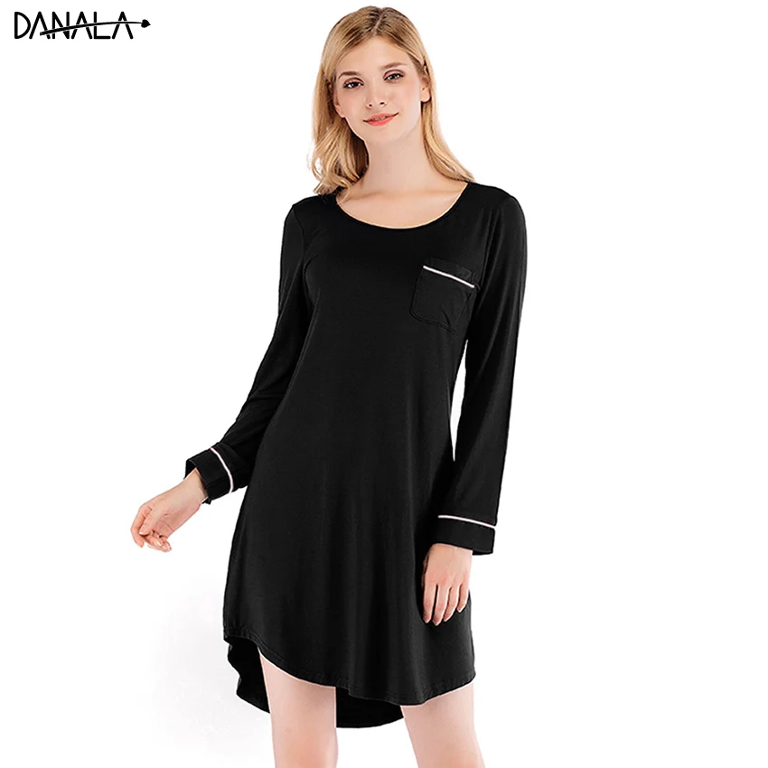 Женское платье для сна DANALA однотонное мини-платье с длинным рукавом и о-вырезом