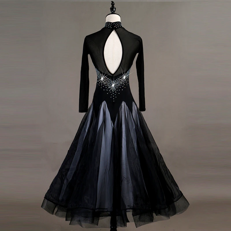 Женское бальное платье со стразами синее или черное с длинным рукавом для