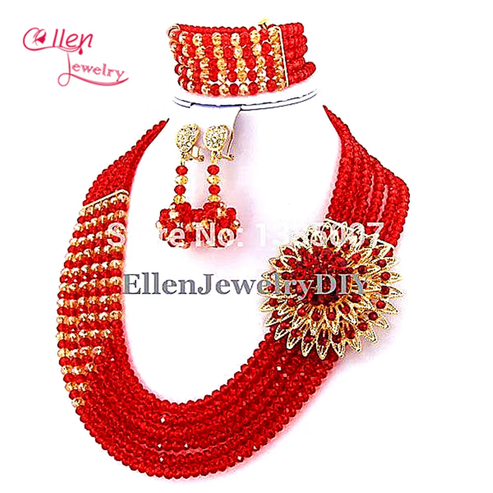 Блестящие красные 6 рядов африканские нигерийские свадебные Кристальные бусы