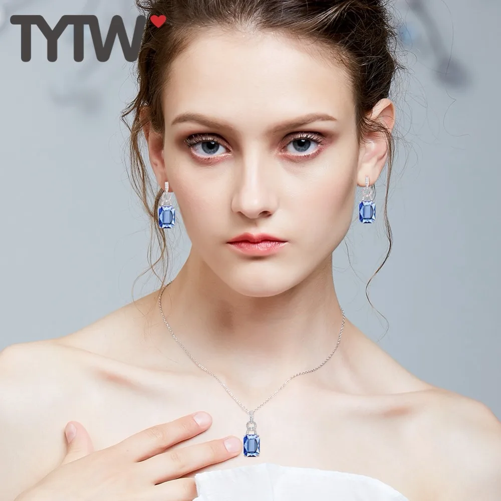 Классические квадратные серьги гвоздики TYTW ожерелье с кулоном серебро 925 пробы