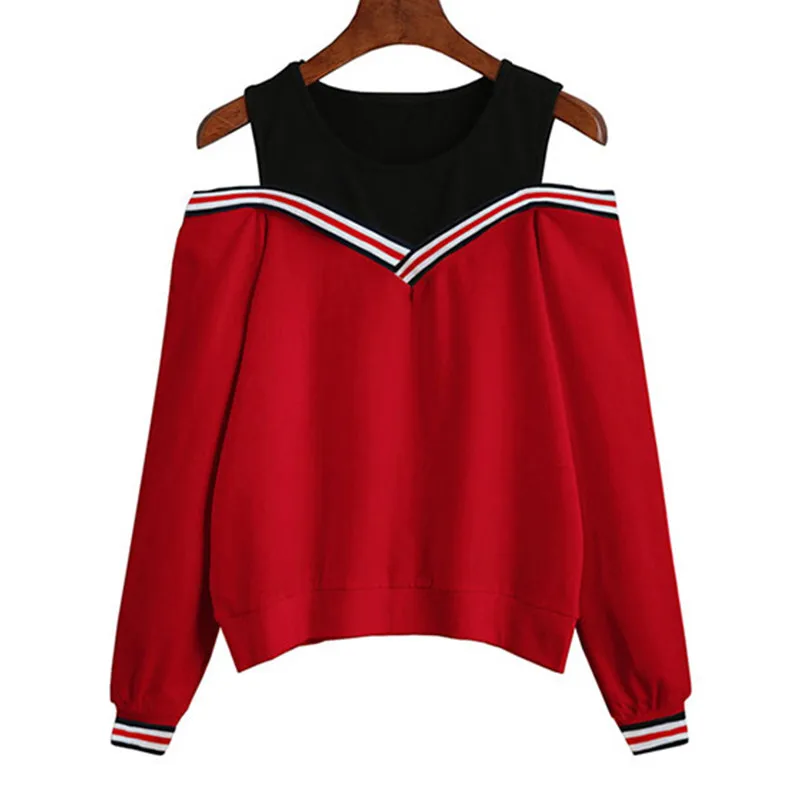 Female Jumper Sweatshirt Off Shoulder Patchwork Hoodies Top Autumn Winter Crew Neck Pullovers Tracksuit Ladies Tops