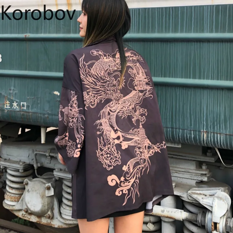 Женская блузка-кимоно Korobov Повседневная рубашка в стиле Харадзюку с принтом