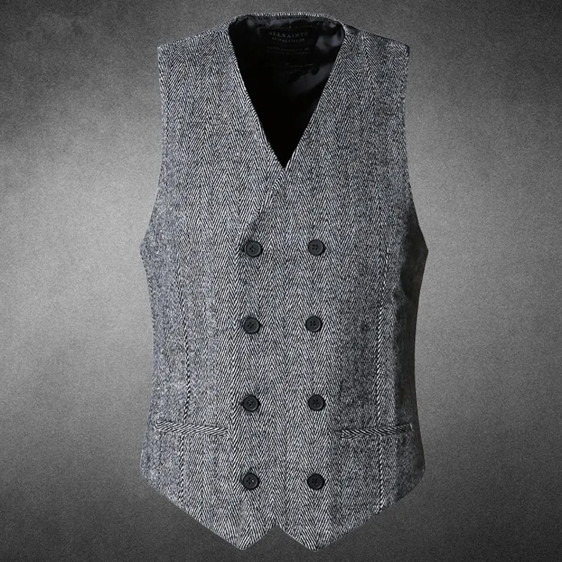 

Fashion European Double Breasted V-Neck Wool Blends Mens Vests Casual Slim Fit Plus Size Male Suit Short Waistcoats Formal Wear