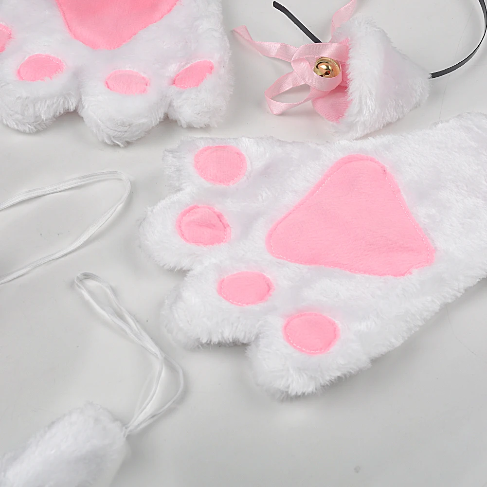 Kawaii милый котенок кошачьи уши Neko перчатки горничной лапы уши хвост галстук вечерние плюшевые лапы коготь аниме Cos кошки перчатки с ушками набор#1106