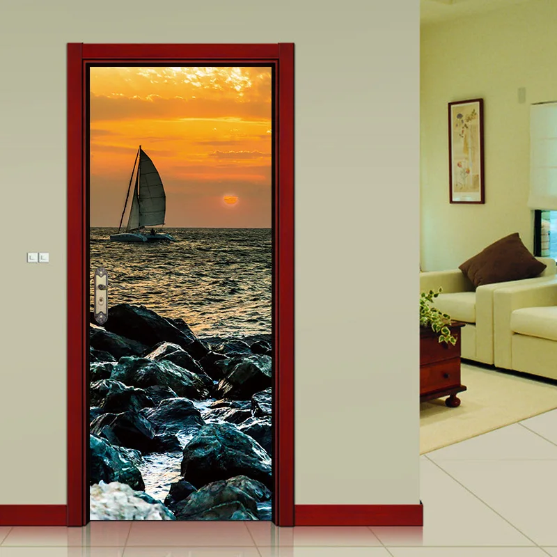 3D наклейка на дверь с крутым морем парусным закатом лодкой обоями наклейки стену